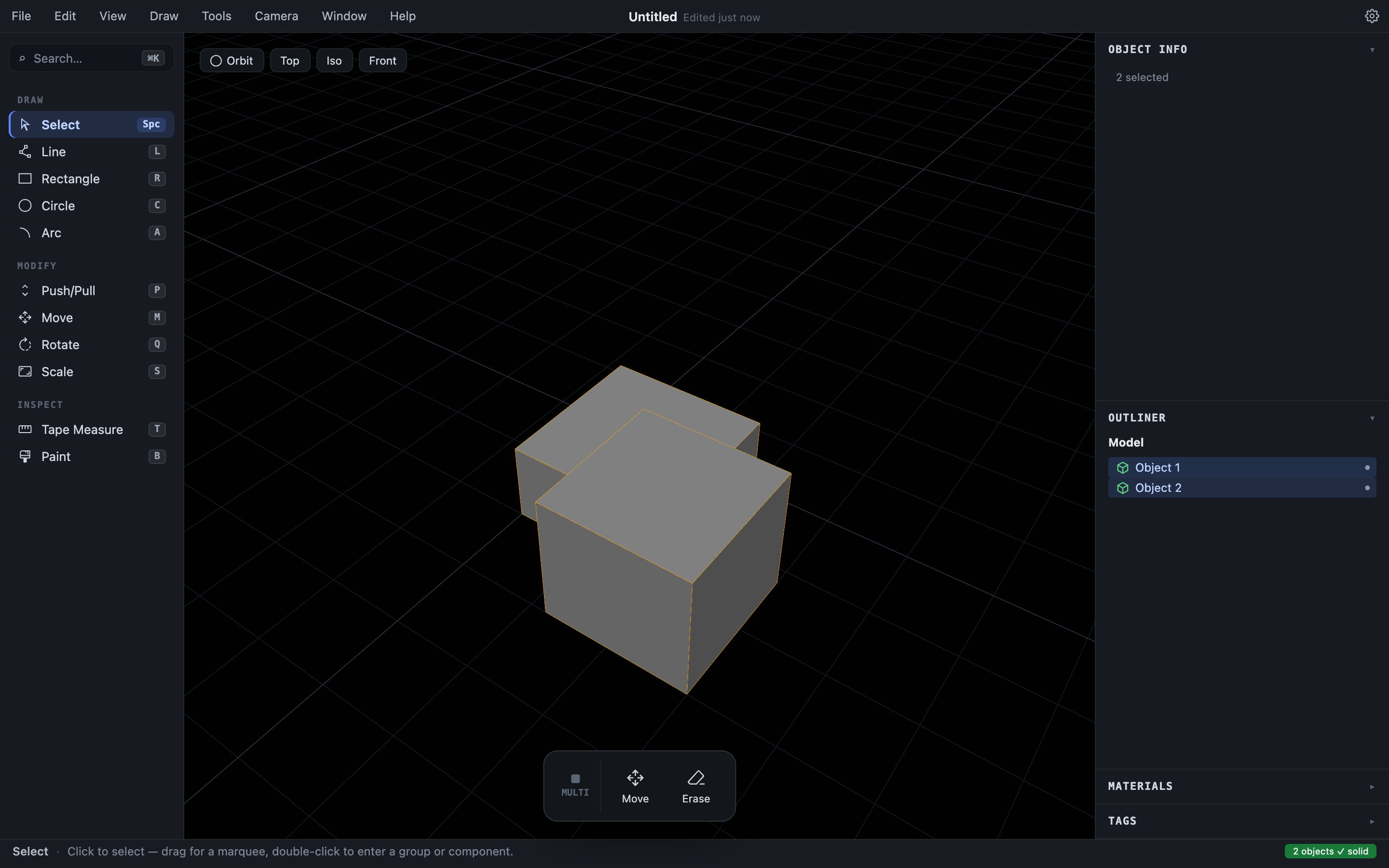 Two overlapping boxes, both selected, ready to combine