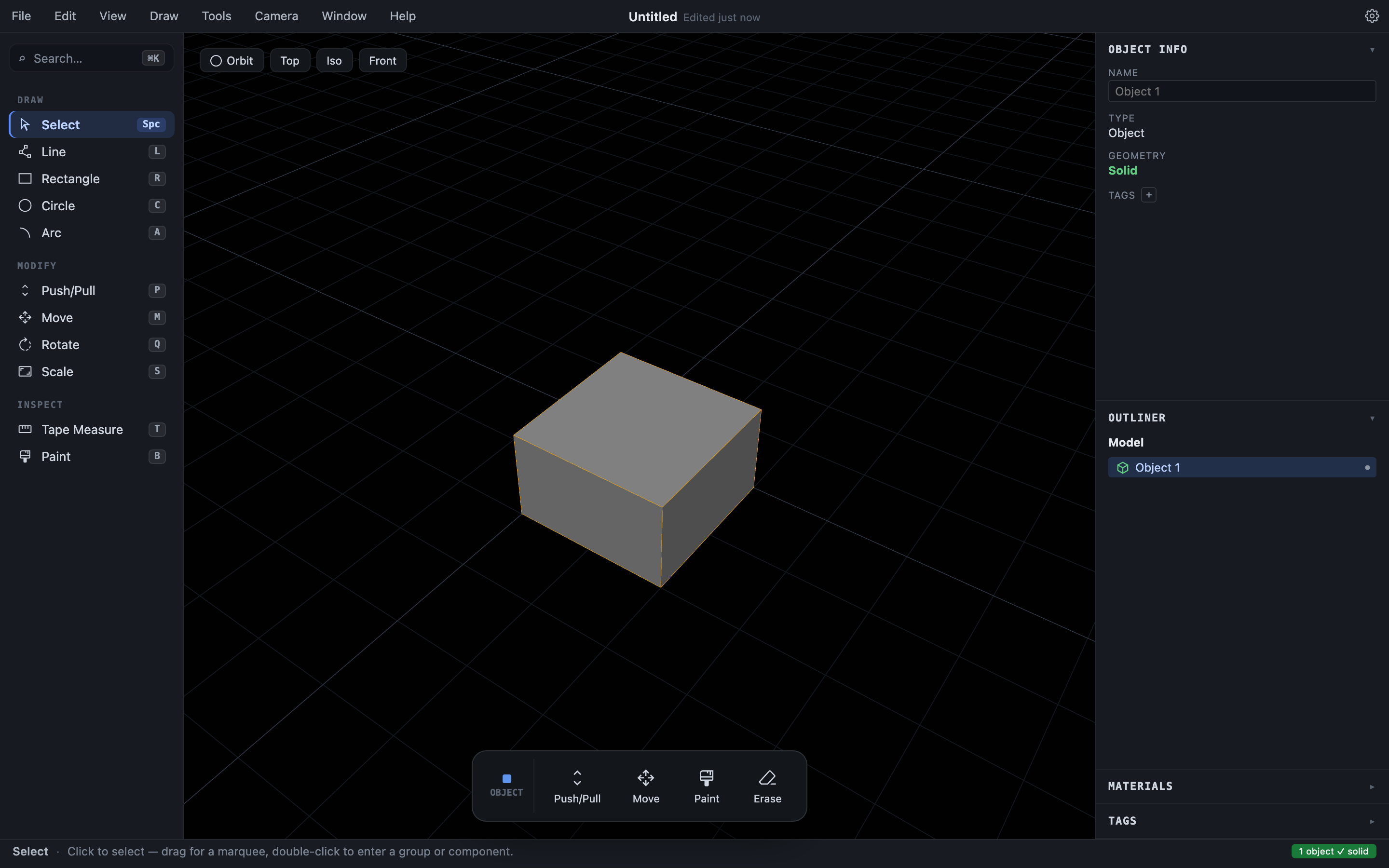 A selected box with Object Info showing Geometry: Solid and the green solid badge in the status bar