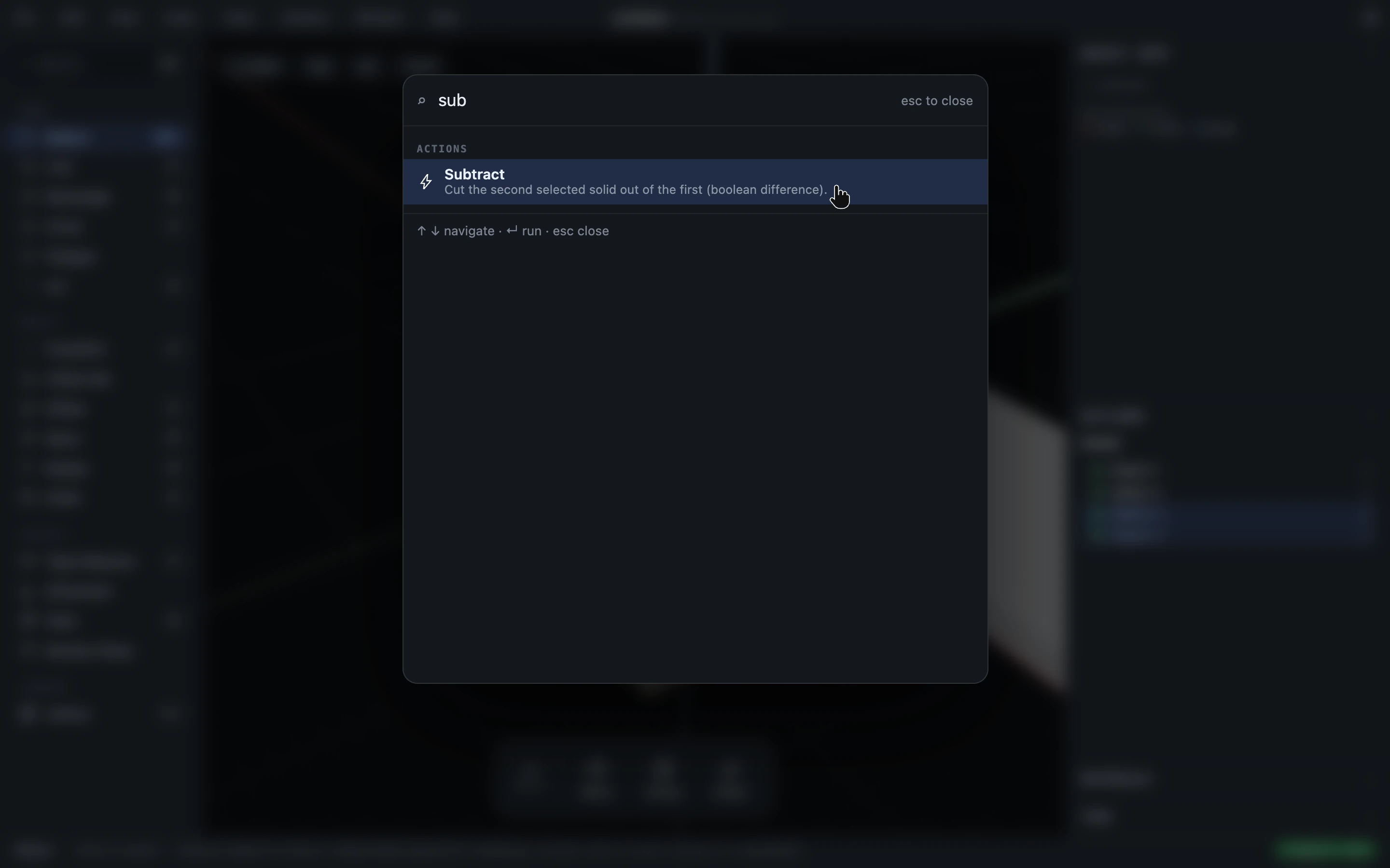 The command palette filtered down to the Subtract tool