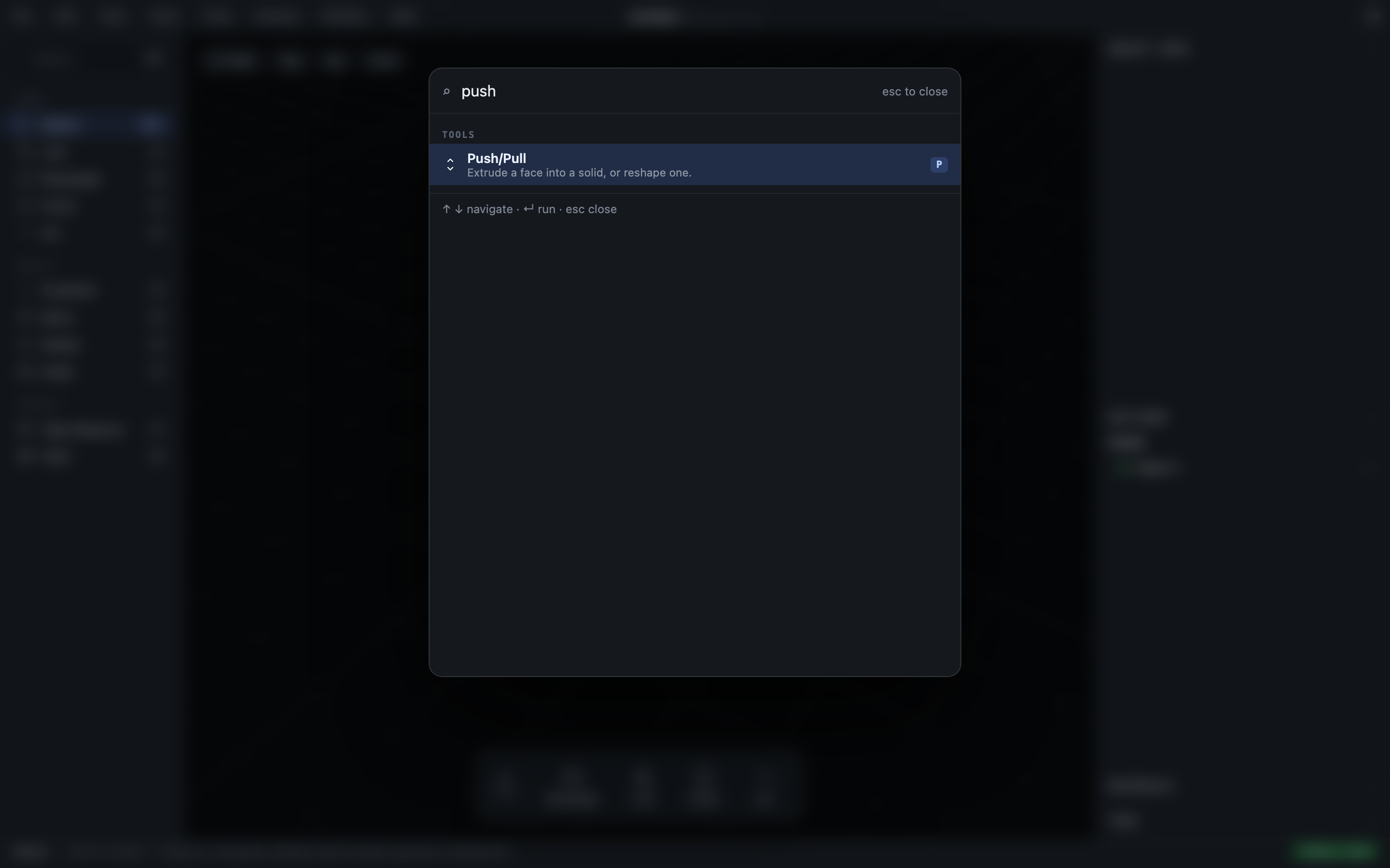 The command palette open with a query, showing a matched tool with its shortcut