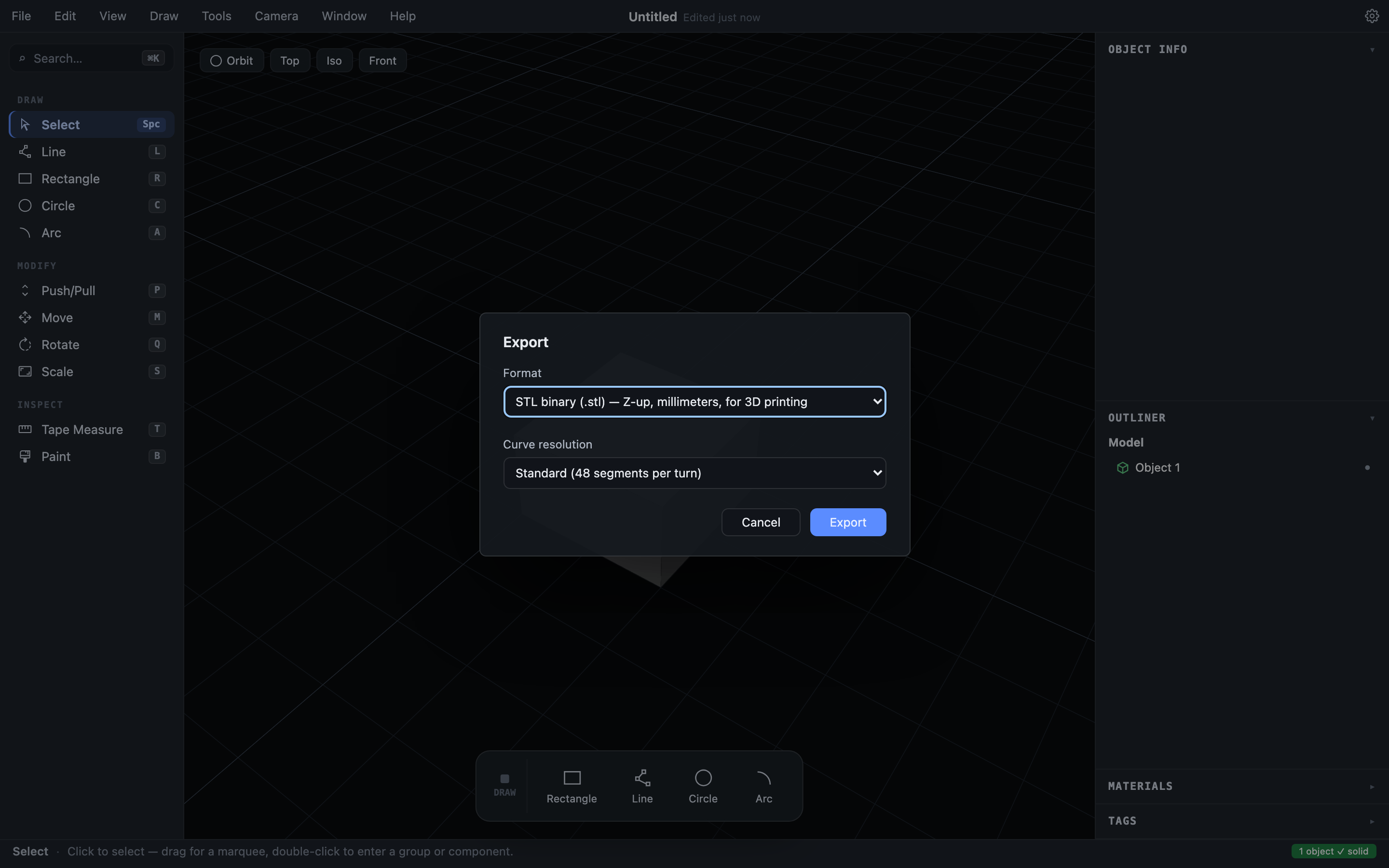 The Export dialog with STL binary selected