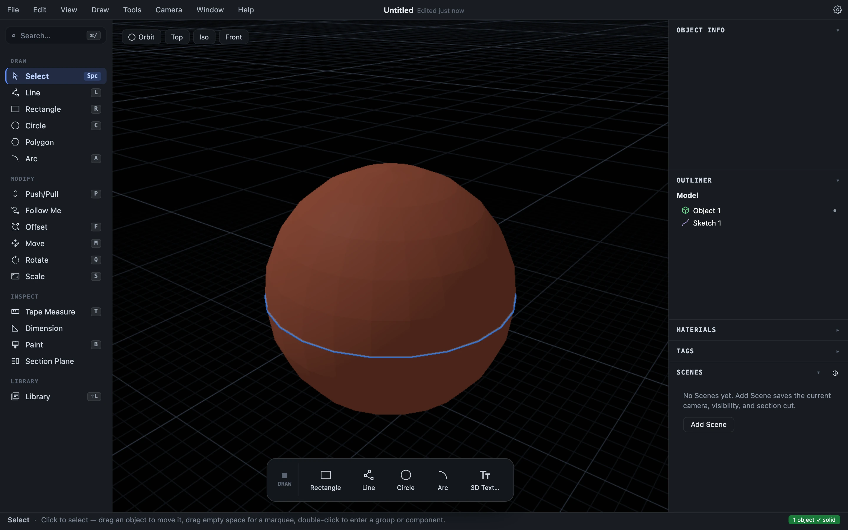 A terracotta sphere lathed from an upright circle profile revolved around a circle path, the path circle visible at the equator