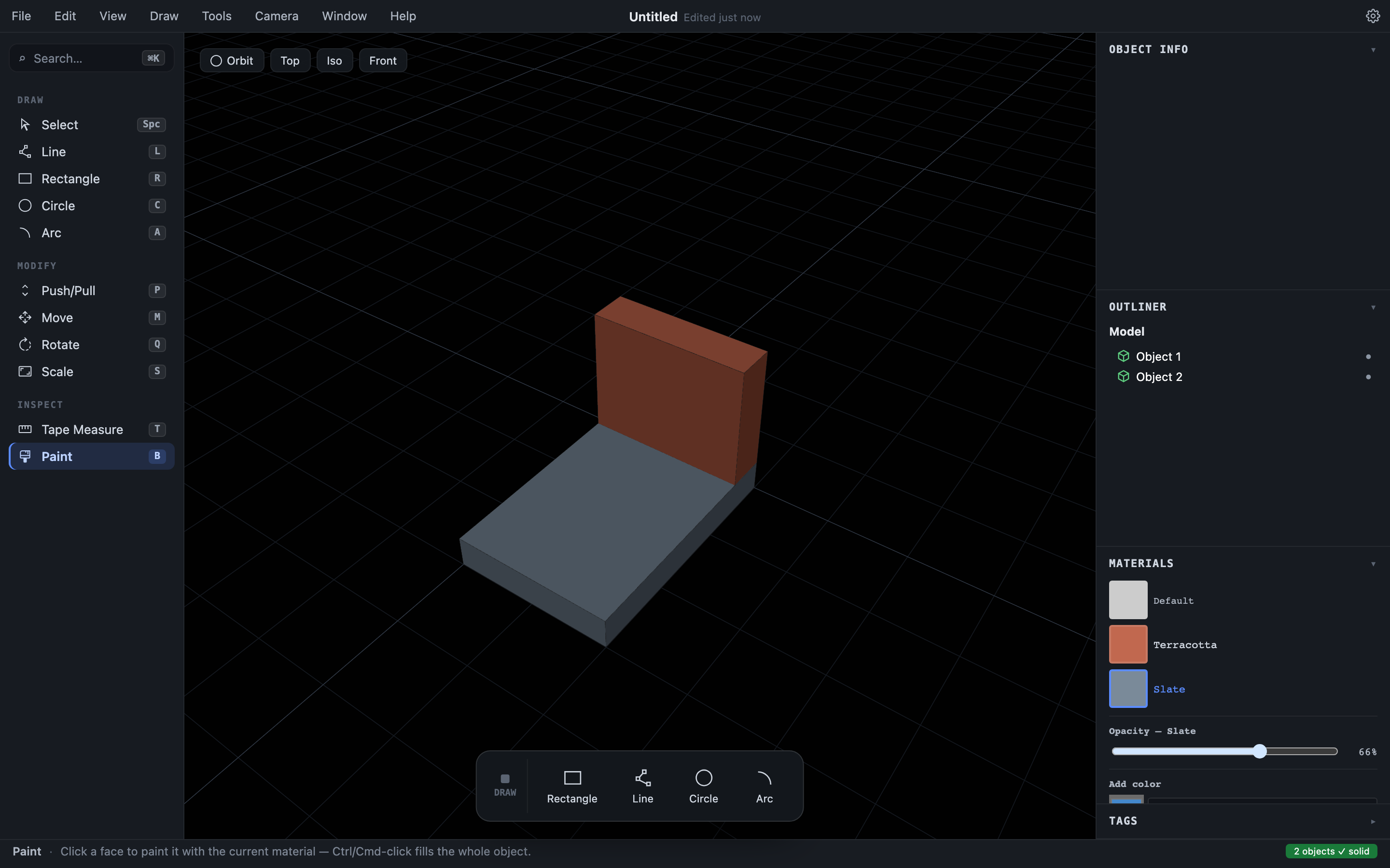 The Materials panel with the Slate swatch selected and its Opacity slider dragged down to 66%, visibly lightening the slate base object in the viewport