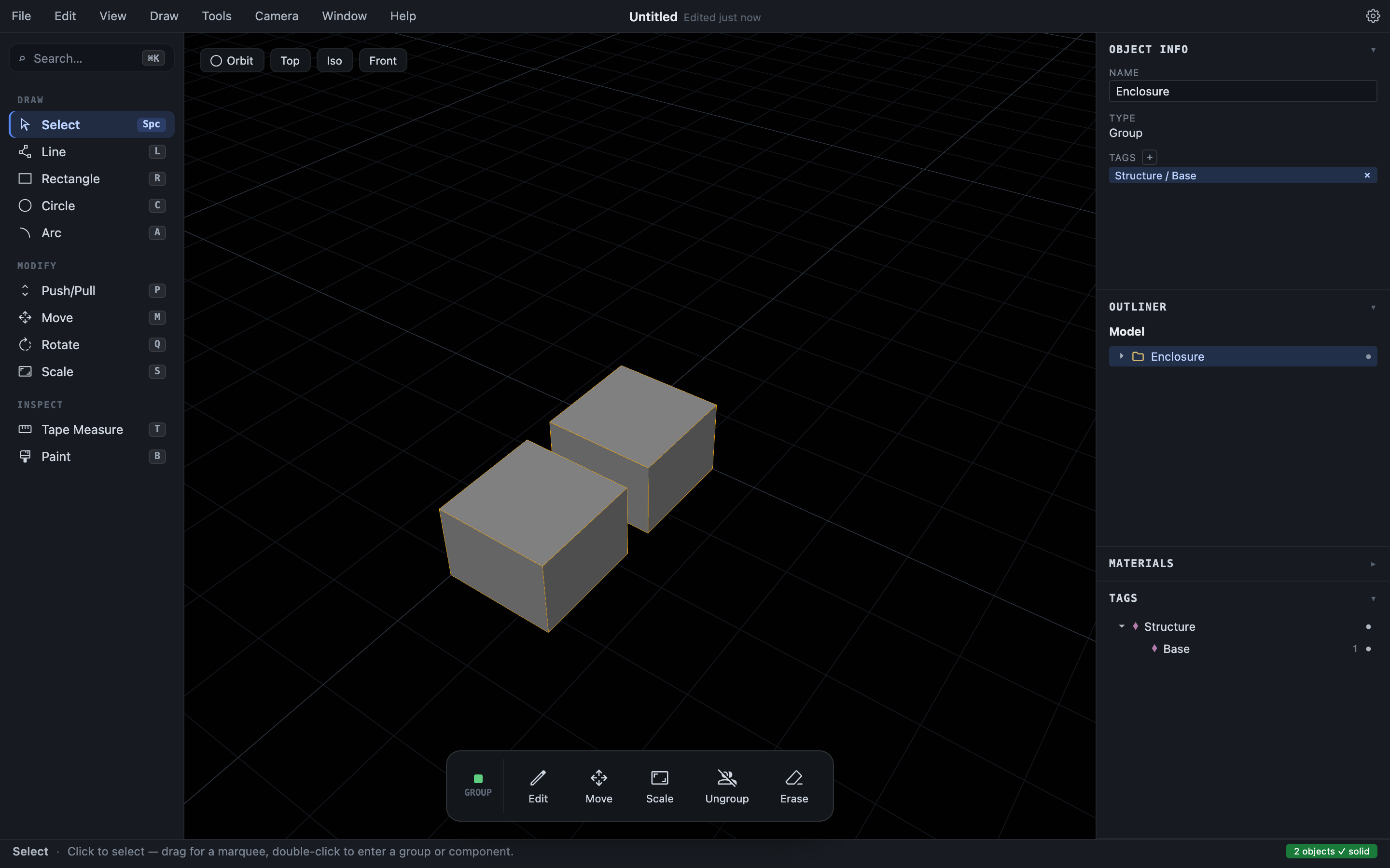 A group named “Enclosure” selected: Object Info shows its name, type, and tag; the contextual dock offers Edit, Move, Scale, Ungroup, Erase