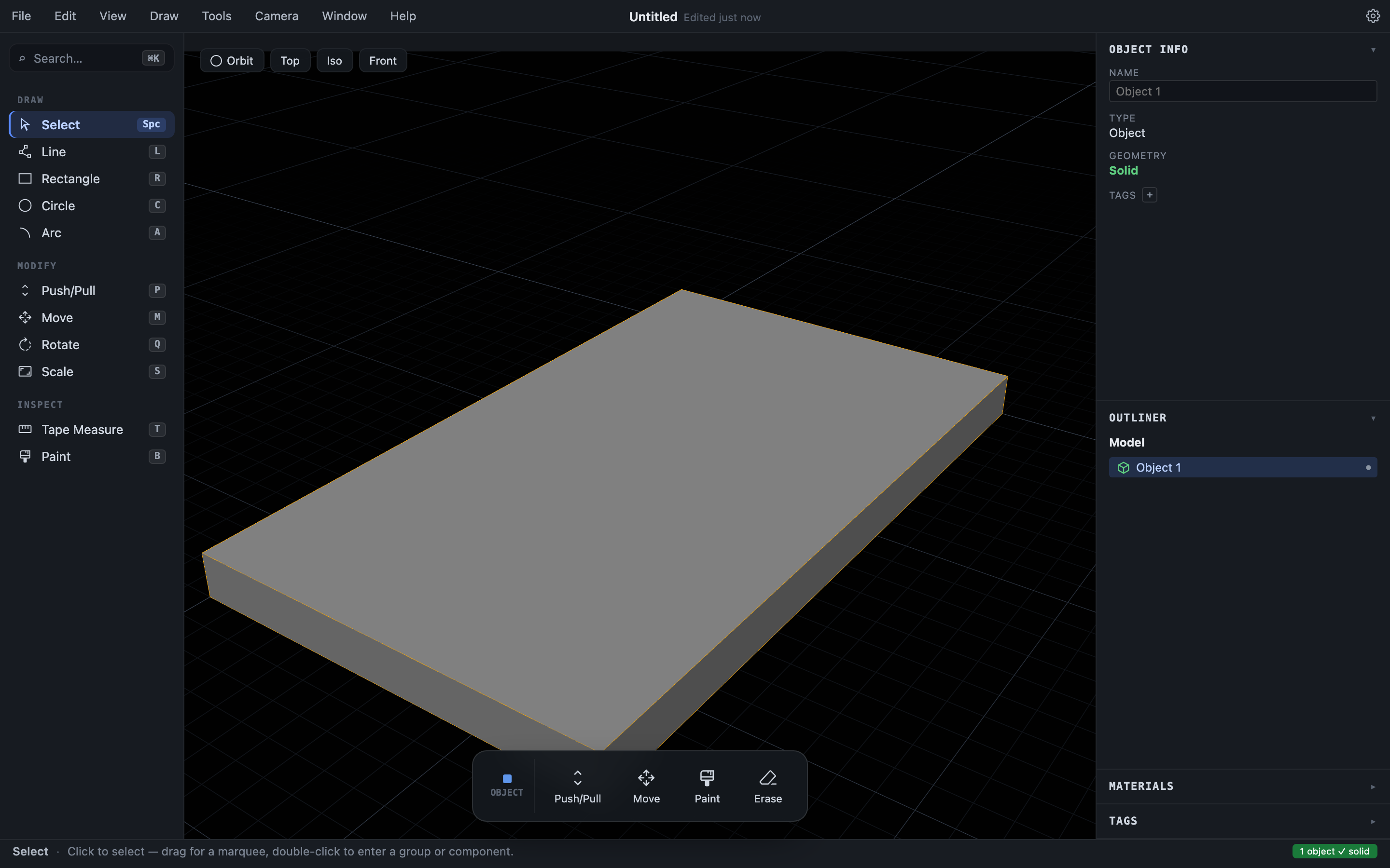 The tray board selected, with Object Info reporting its geometry as Solid and the object dock showing Push/Pull, Move, Paint, Erase