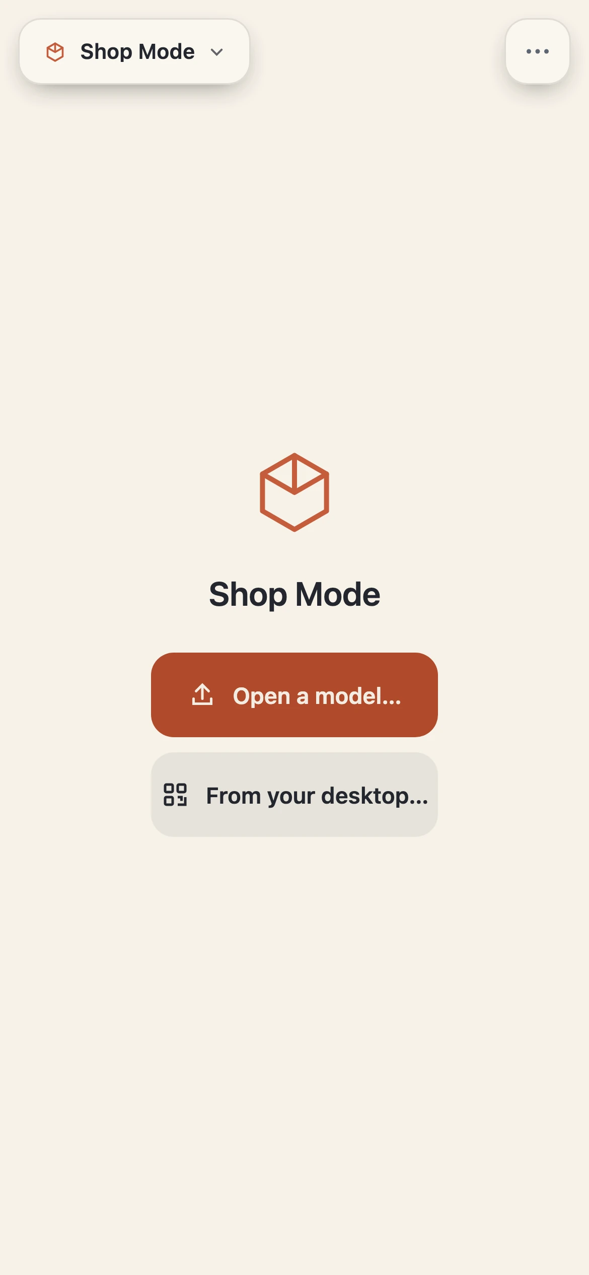 Shop Mode’s landing screen on a phone: the Hew mark, an Open a model button, and a From your desktop QR option