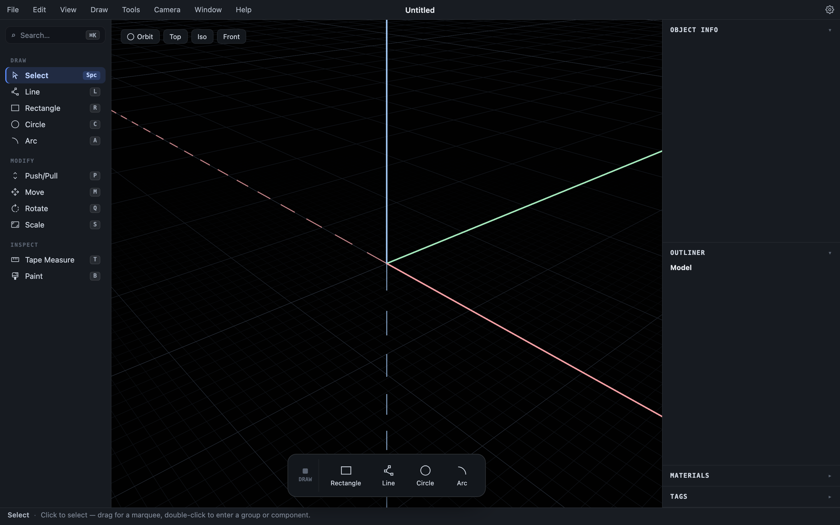The default Hew window: menu bar, tool rail on the left, 3D viewport in the center, panels tray on the right, contextual dock at the bottom, status bar along the base