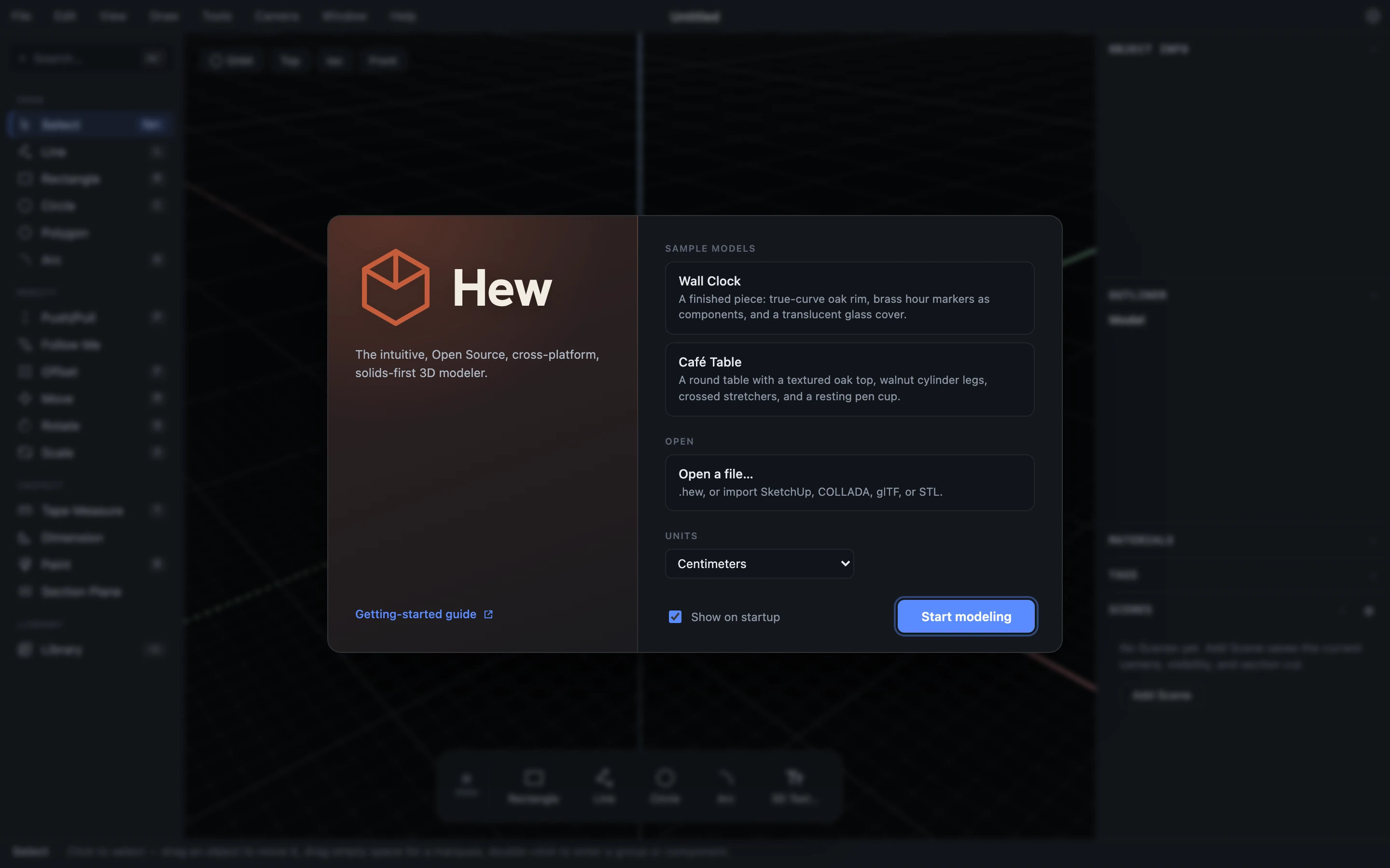 The welcome screen on a fresh launch: sample models, an Open card, and the Units dropdown set to Centimeters